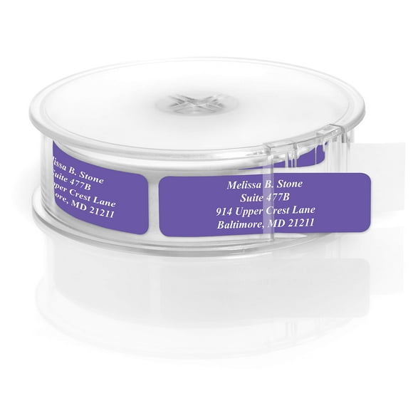 Purple Colored Personalized Address Labels with White Print and Elegant Plastic Dispenser - Roll of 250