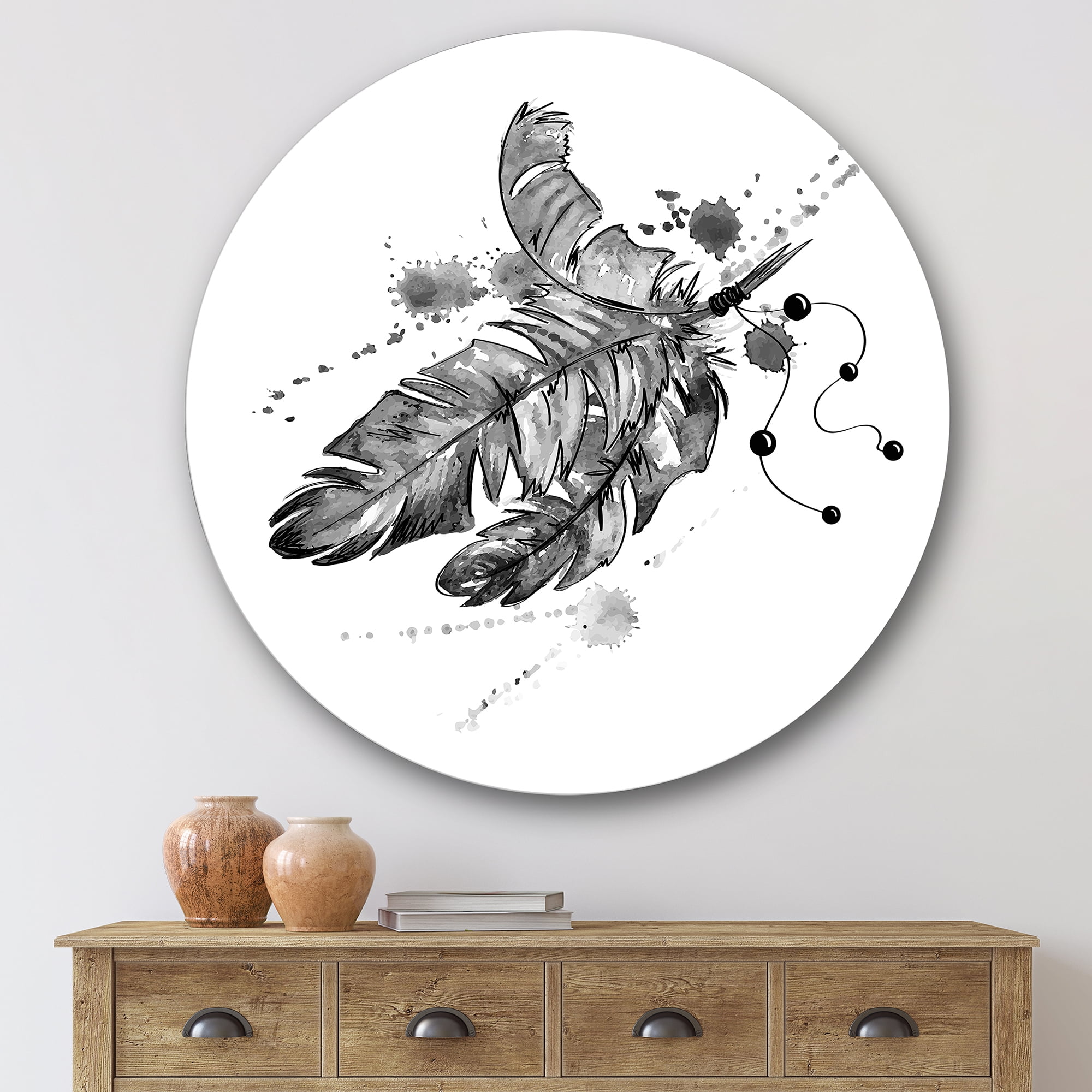 Designart 'Black and White Feathers Impression' Traditional Circle Metal Wall Art 36x36 - Disc of 36