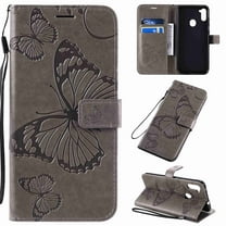 Galaxy A11 6.4 inch 2020 Released Wallet Case, Dteck 3D Butterfly Pattern Premium PU Leather Flip Cover Wallet Kickstand Magnetic Closure Credit Card Slots Holder Wrist Strap Cover, gray
