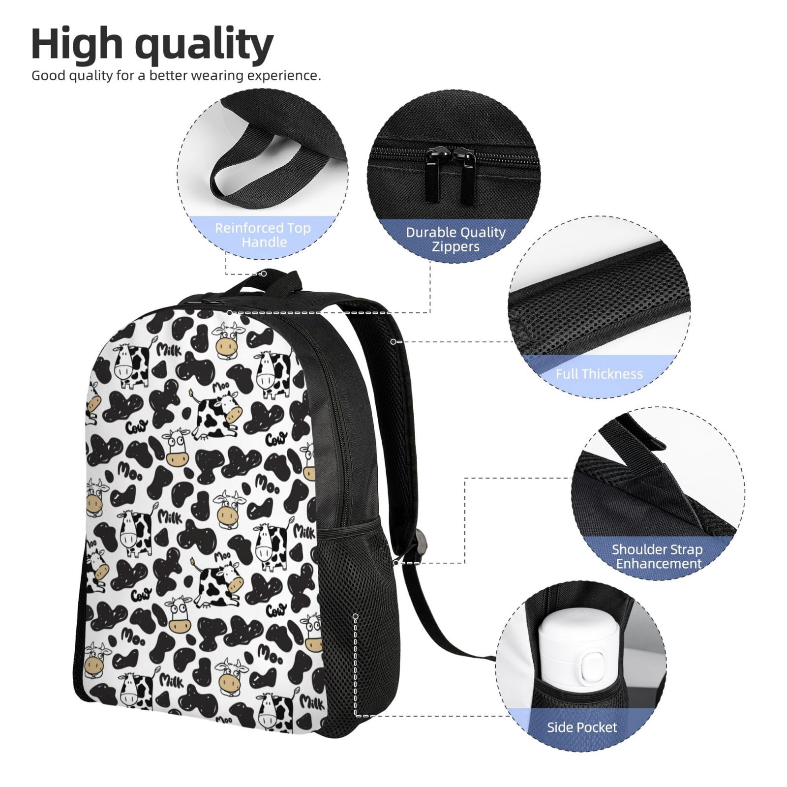 Defioc Cow Print Backpack -Travel,or Work Bookbag Daypacks with 15-Inch Laptop Sleeve and Dual Water Bottle Pockets