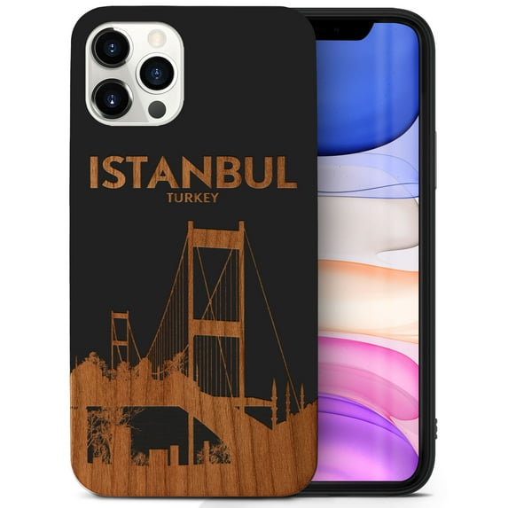 Case Yard Wooden Case for iPhone-12-Pro-Max Soft TPU Silicone cover Slim Fit Shockproof Wood Protective Phone Cover for Girls Boys Men and Women Supports Wireless Charging Istanbul Bridge Design