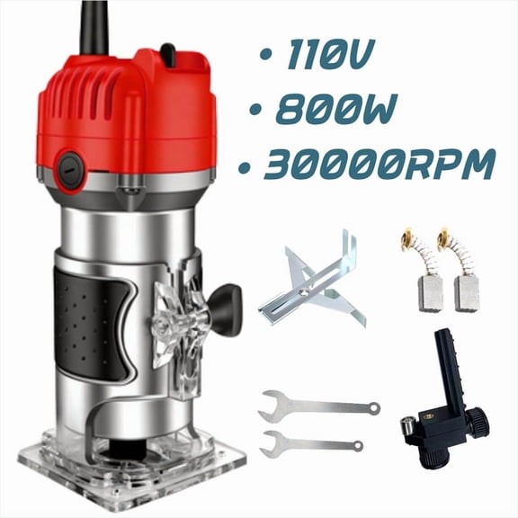 800W Compact Wood Router with 1/4" Collet,30000 Rpm & Variable Speed, Includes Guides & Wrenches for Trimming, Grooving and Woodworking, Red