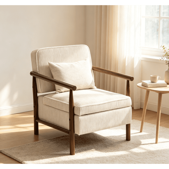 Leumius Storage Chair, Mid Century Modern Accent Chair with Solid Wood Frame, Upholstered Living Room Chairs with Waist Cushion, Reading Armchair for Bedroom Sunroom White