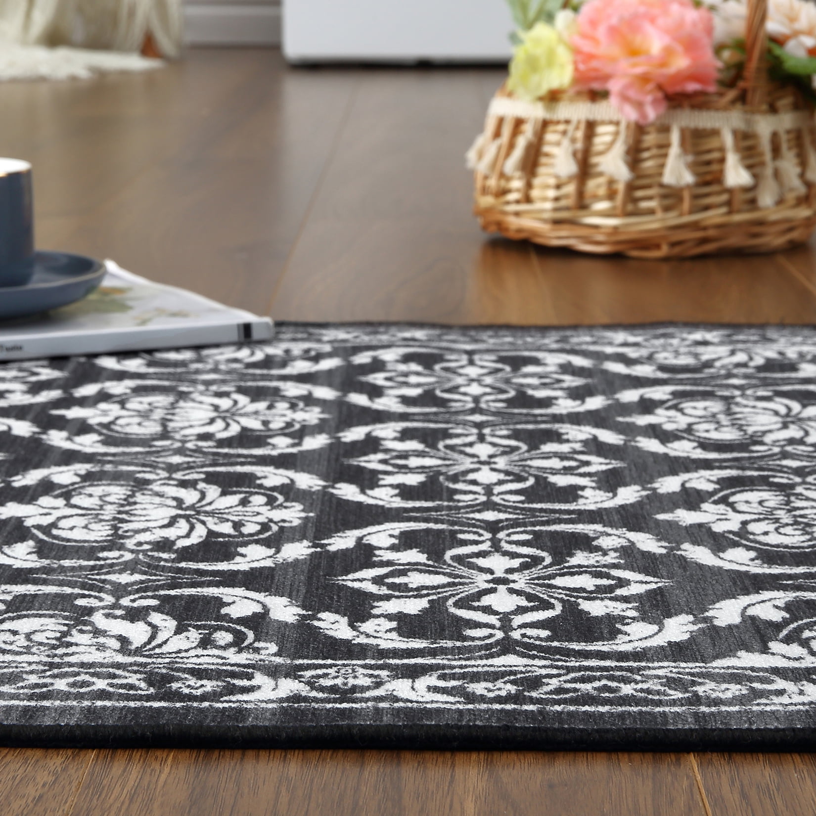 Hasoo 5' x 7' Area Rug for Living Room Modern Floral Thin Carpet Non-Slip Rug Foldable Indoor Rug for Bedroom Kitchen Black/Gray