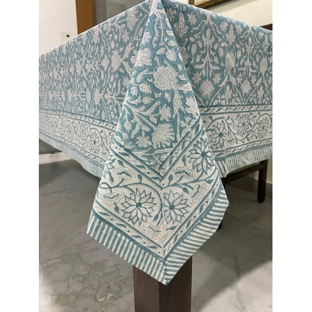 

Teal Grey and White Indian Hand Block Floral Printed Cotton Tablecloth with Border design Table cover Table Linen for Wedding Events Home