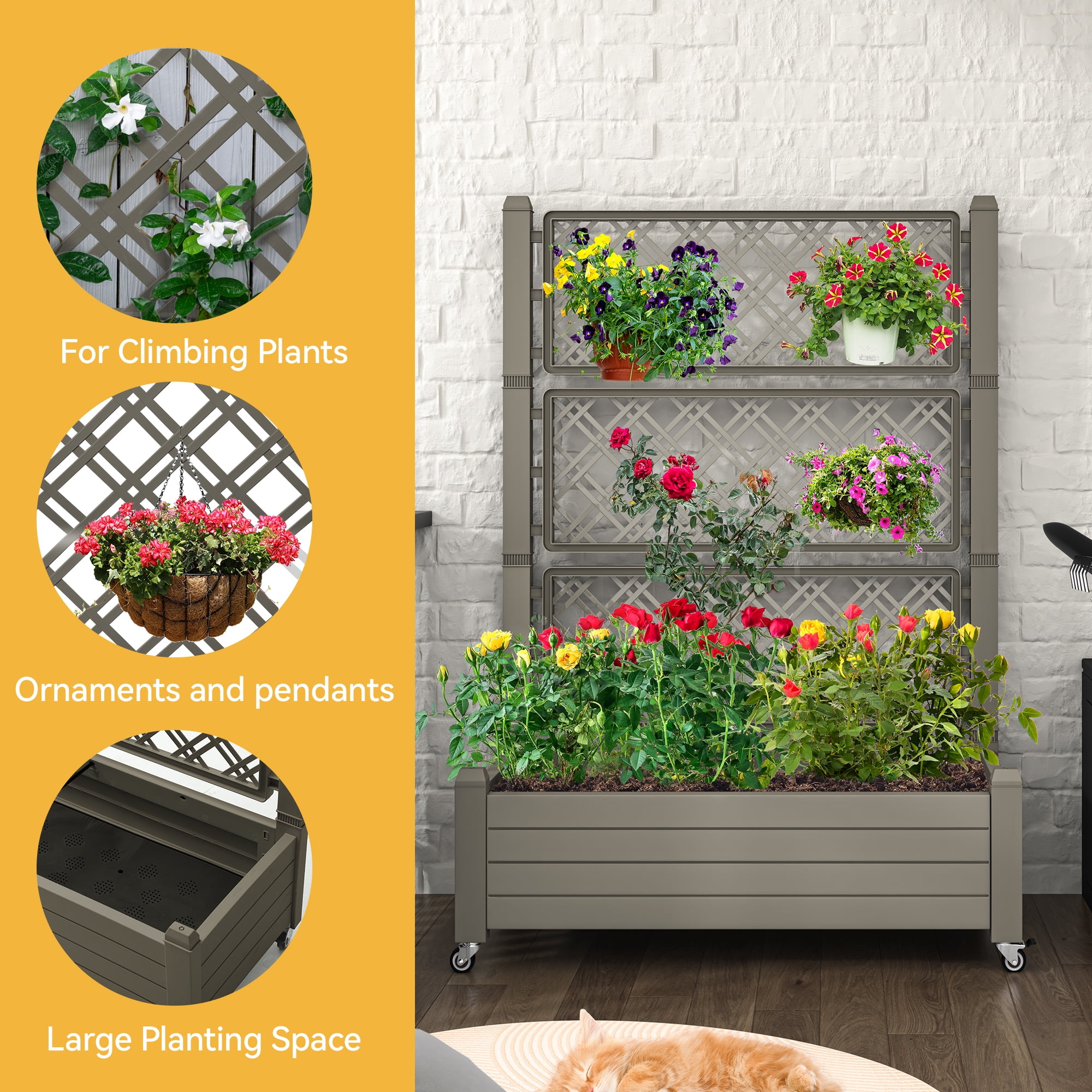 Uforic Large Planter Box Trellis, Outdoor Raised Garden Bed with Drain Plug and Lockable Wheels,for Climbing Plants, 3.6x1.5x5 FT-Light Brown