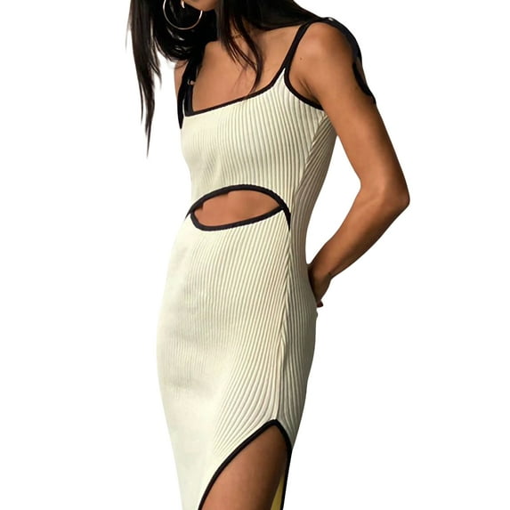 Qmyliery Women Slim Midi Dress Spaghetti Straps Sleeveless Contrast Color Ribbed Cut-out Side Split Dresses,S/M/L