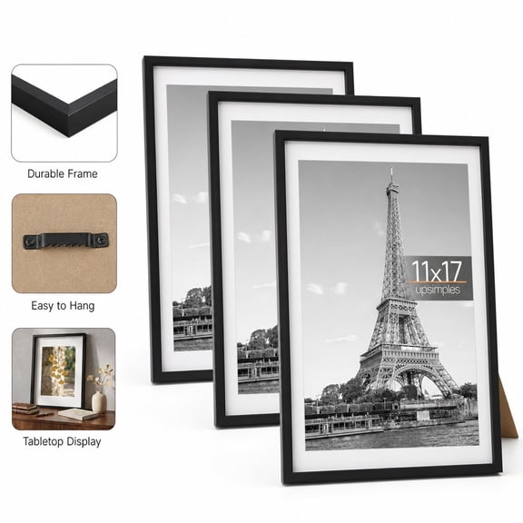 3 Pack 11x17 Inch Large Picture Frames, Wall Mount MDF Wood Poster Frame with Mat for Photos, Posters, Artwork, Black