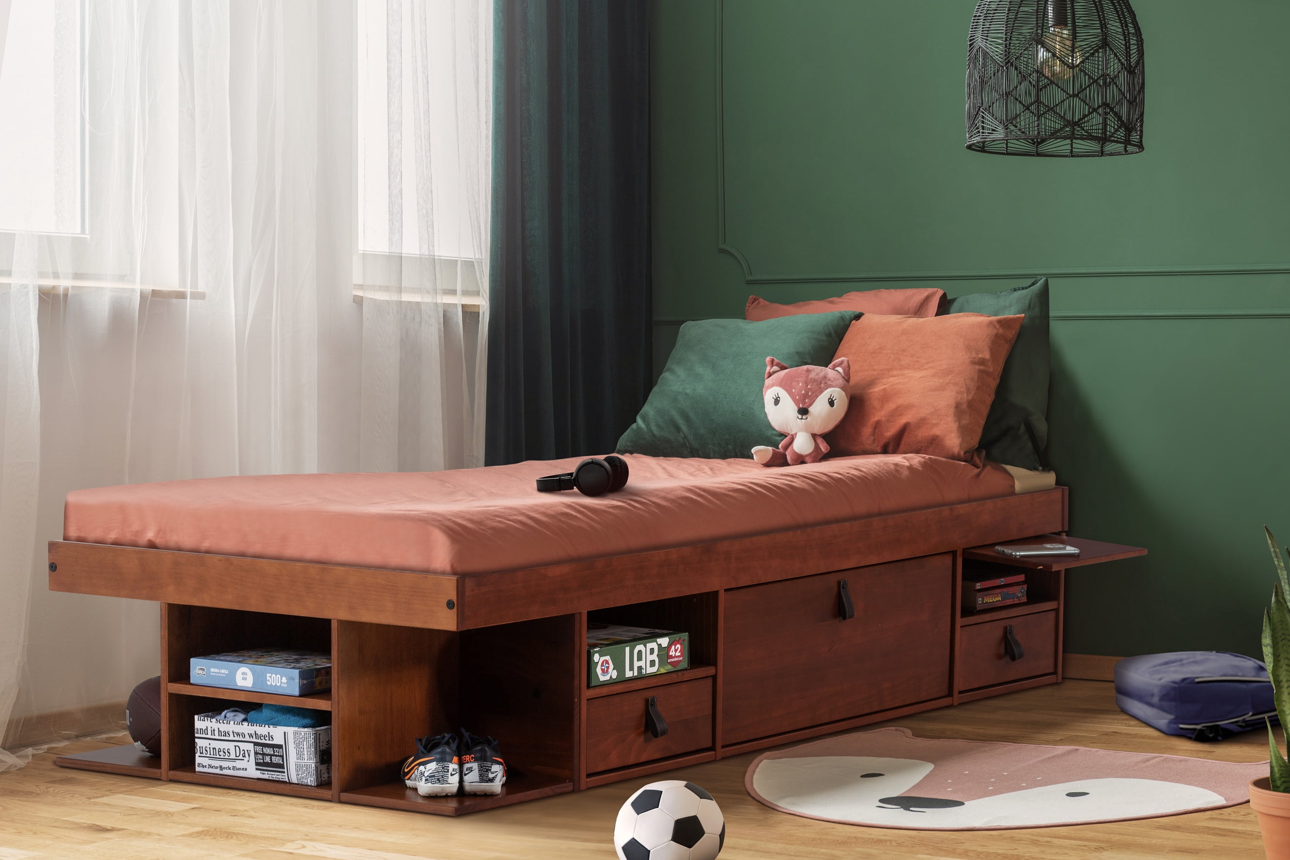 Memomad Bali Twin Size Storage Platform Bed with Drawers, Caramel
