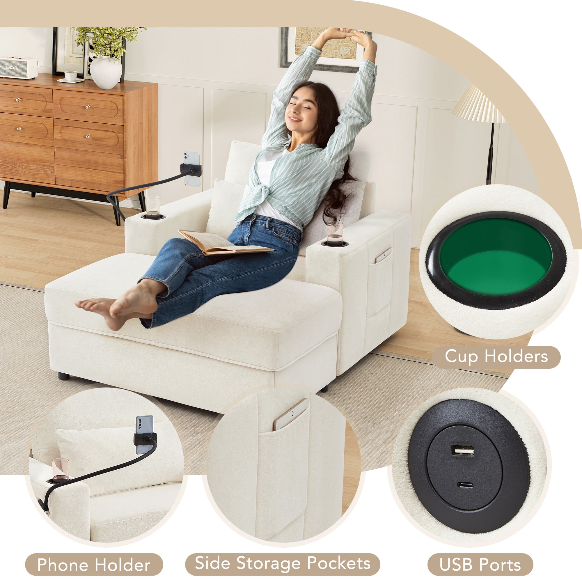 Euroco Convertible Chenille Recliner Chair with Storage Ottoman, USB Ports, Cup Holders & Phone Stand – Sleeper Armchair with Adjustable Backrest for Small Spaces