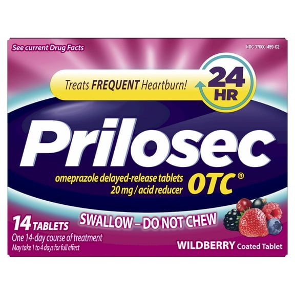 Prilosec OTC Omeprazole 20mg Acid Reducer, Frequent Heartburn Medicine, Wildberry, 14 Count