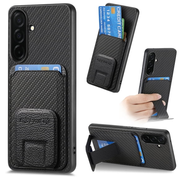 for Samsung Galaxy A37 Back Case, Luxury Ultra Slim Carbon Fiber Card Slot with Kickstand Shockproof Protective, Support Car Magnetic Mount Case Cover for Samsung Galaxy A37, Black