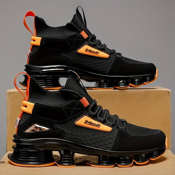 Men'S Breathable High-Top Running Sneakers - Stylish Black Casual ShoesDurable Rubber Sole for All-Day Wear,with Orange Accents, Lace-Up Design, Comfortable Fabric Upper,