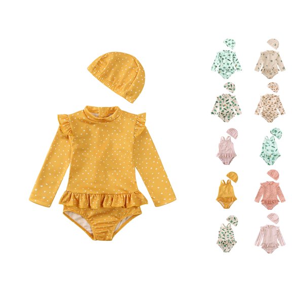 HNMKIU Swimming Suit For Girls Toddler Kids Girl Swimsuit Floral Long Sleeve One Piece Bathing Suit Hooded With Hat Yellow-A,7-8 Years