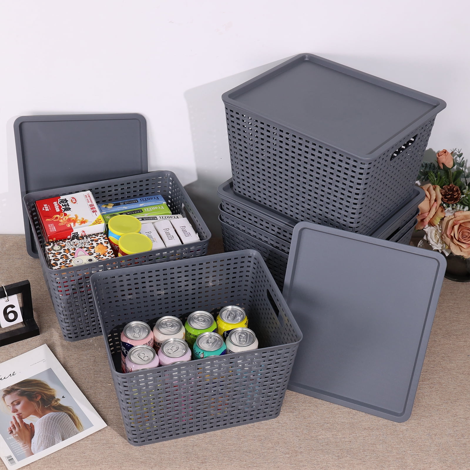 Ggbin 6-Pack Large Plastic Weave Storage Basket with Lid, Grey Storage Basket Bins