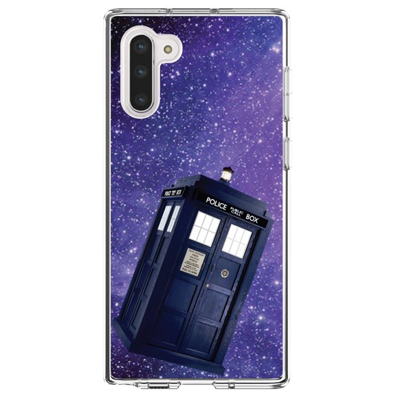 DistinctInk Clear Shockproof Hybrid Case for Samsung Galaxy Note 10 (6.3" Screen) - TPU Bumper, Acrylic Back, Tempered Glass Screen Protector - TARDIS Floating in Space