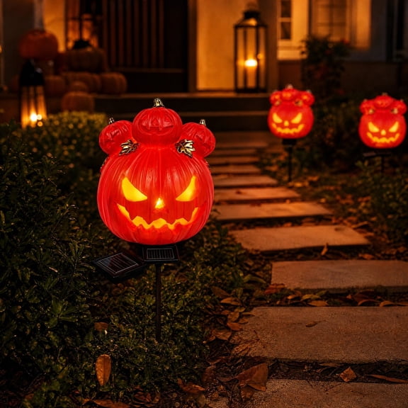 Halloween Pumpkin Stake, Solar Resin Light, Outdoor Yard Ornament, Auto Night Illumination and Waterproof Weatherproof Build for Garden Pathways, Flower Bed Borders and Porch Displays.