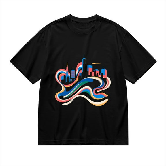 Black T Shirts for Men, Cityscape, Colorful Waves, Modern Graphic Mens Graphic Tees, 24827622,S