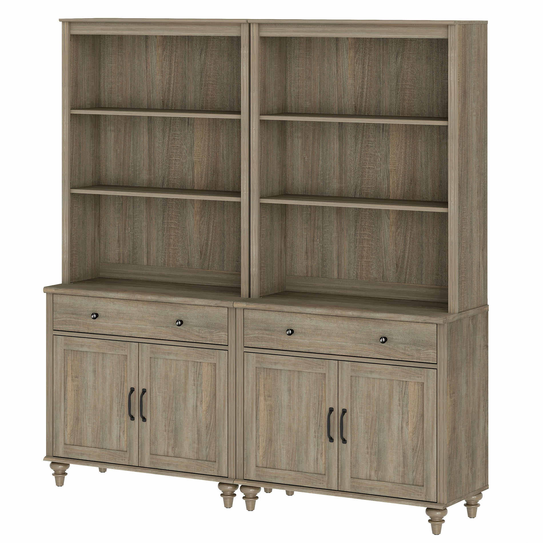 Farmhouse 5 Tier Bookcase With 2 Drawers and 4 Doors, Wash Gray, 67.7" W