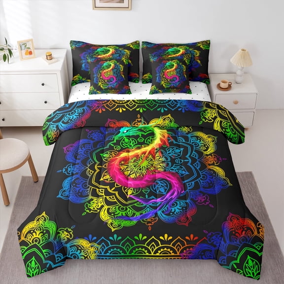 Manfei Magical Dragon Animal Bedding Comforter Set 7 Pieces, Bohemian Damask Flower Full Bedding Set, Mandala Hippie Style Fitted Sheet Flat Sheet, Lightweight Room Decor
