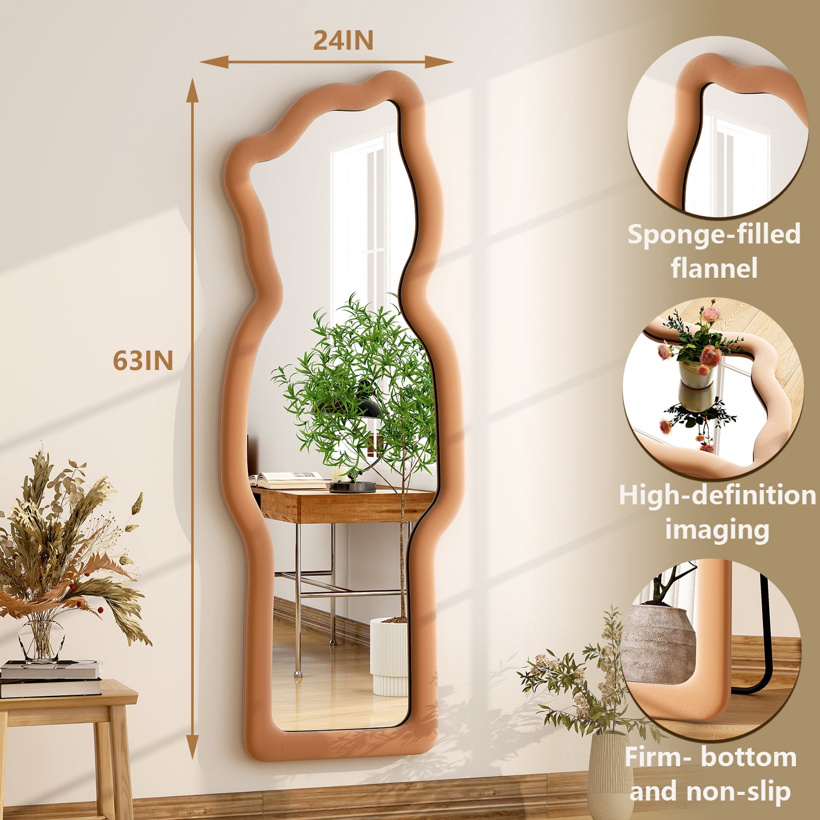 Puremirror 63"x24" Irregular Full Length Mirror Floor Mirror with Flannel Frame, Brown