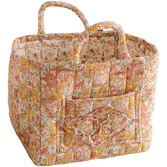 Quilted Floral Fabric Storage Basket, Foldable Storage Basket with Handles and Side Pocket, Soft Padded Cotton Organizer for Toys, Books and Clothes in Bedroom, 13 x 10.6 x 10.2 in / 33 x 27 x 26 cm
