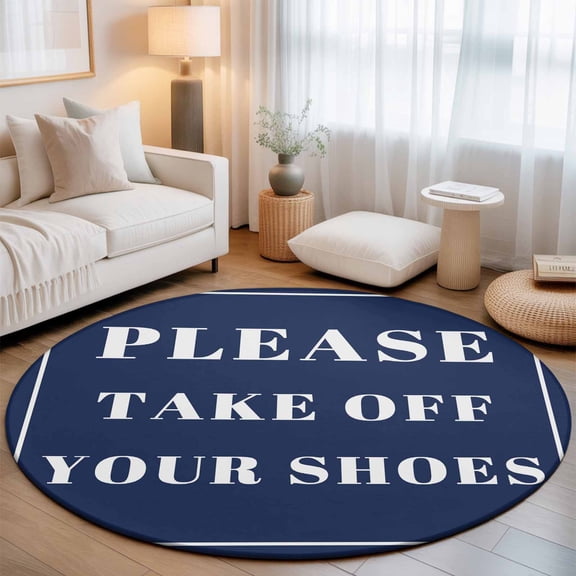 Washable Round Area Rug Modern Lines Take off Your Shoes Circle Rugs Floor Carpet for Living Room Bedroom, Dark Blue Background Soft Non Slip Round Rug 3ft