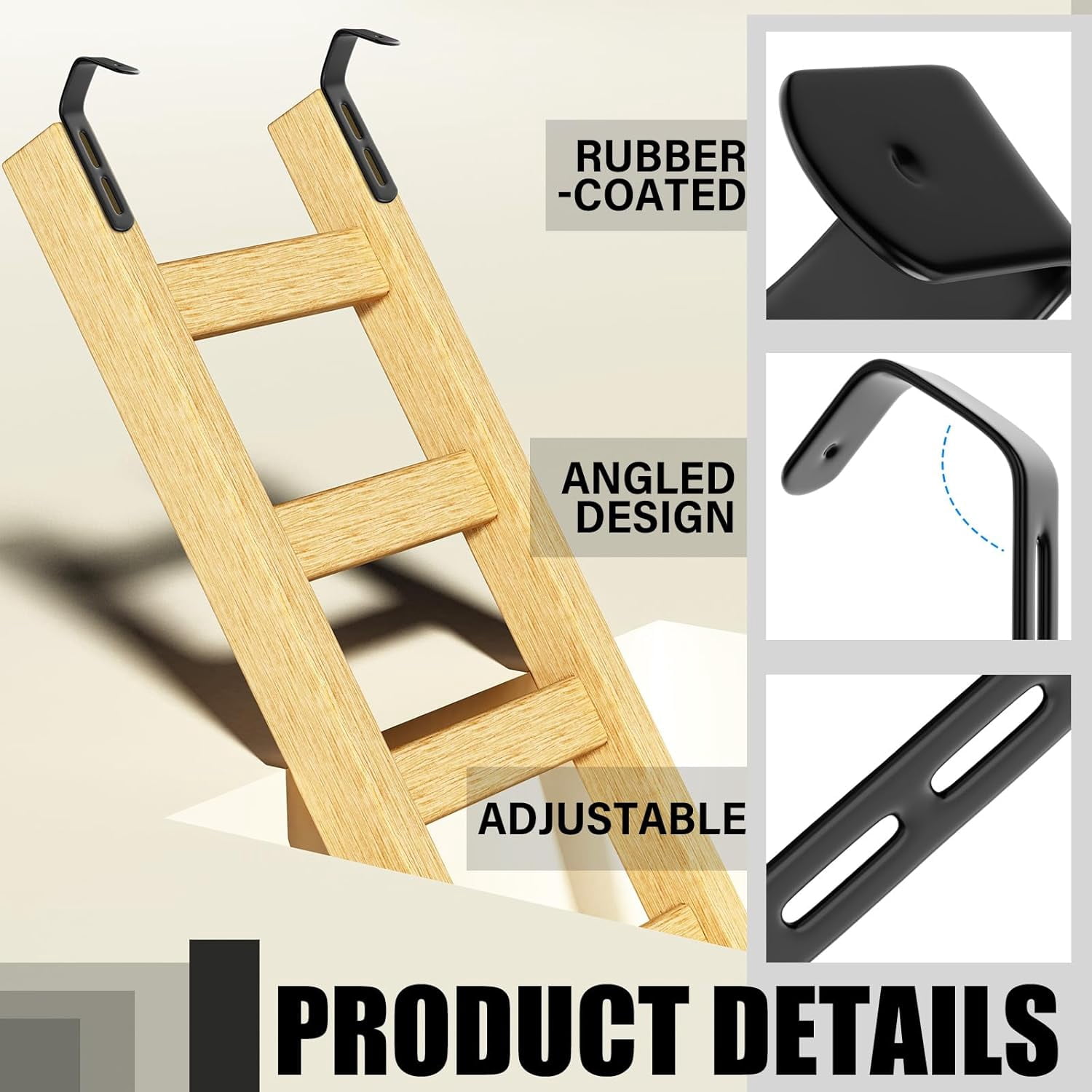 RGHJAR-4 Set Angled Bunk Bed Ladder Hooks PVC Adjustable Coated Stainless Steel Iron Bunk Bed Ladder Hooks Brackets Heavy Duty RV Utility Hook Hanger J Hooks Metal with Mounting Screws