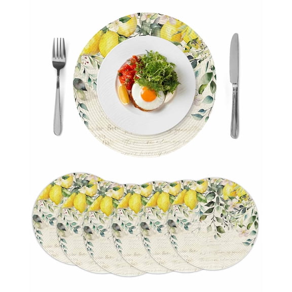 Summer Lemon Round 15 Inch Placemats Set of 6, Spring Eucalyptus Leaves Botanical Vintage HeatResistant Non Slip Place Mats for Dining Table, Wipeable Braided Kitchen Table Mats for Housewarming