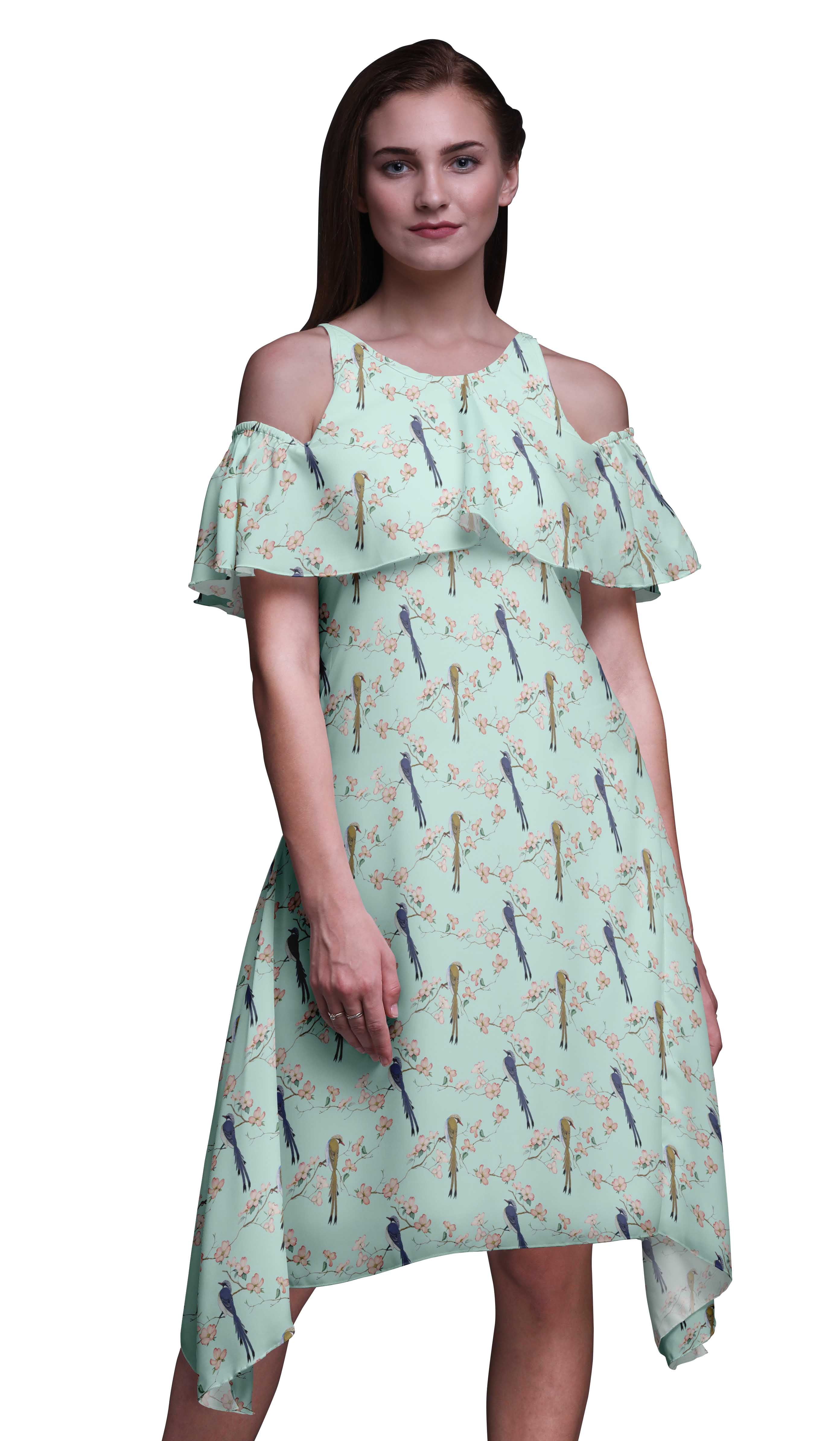 Bimba Green Bird Printed Womens Ruffle Front Cold Shoulder Swing Shift Dress  - XXX-Large - Walmart.ca