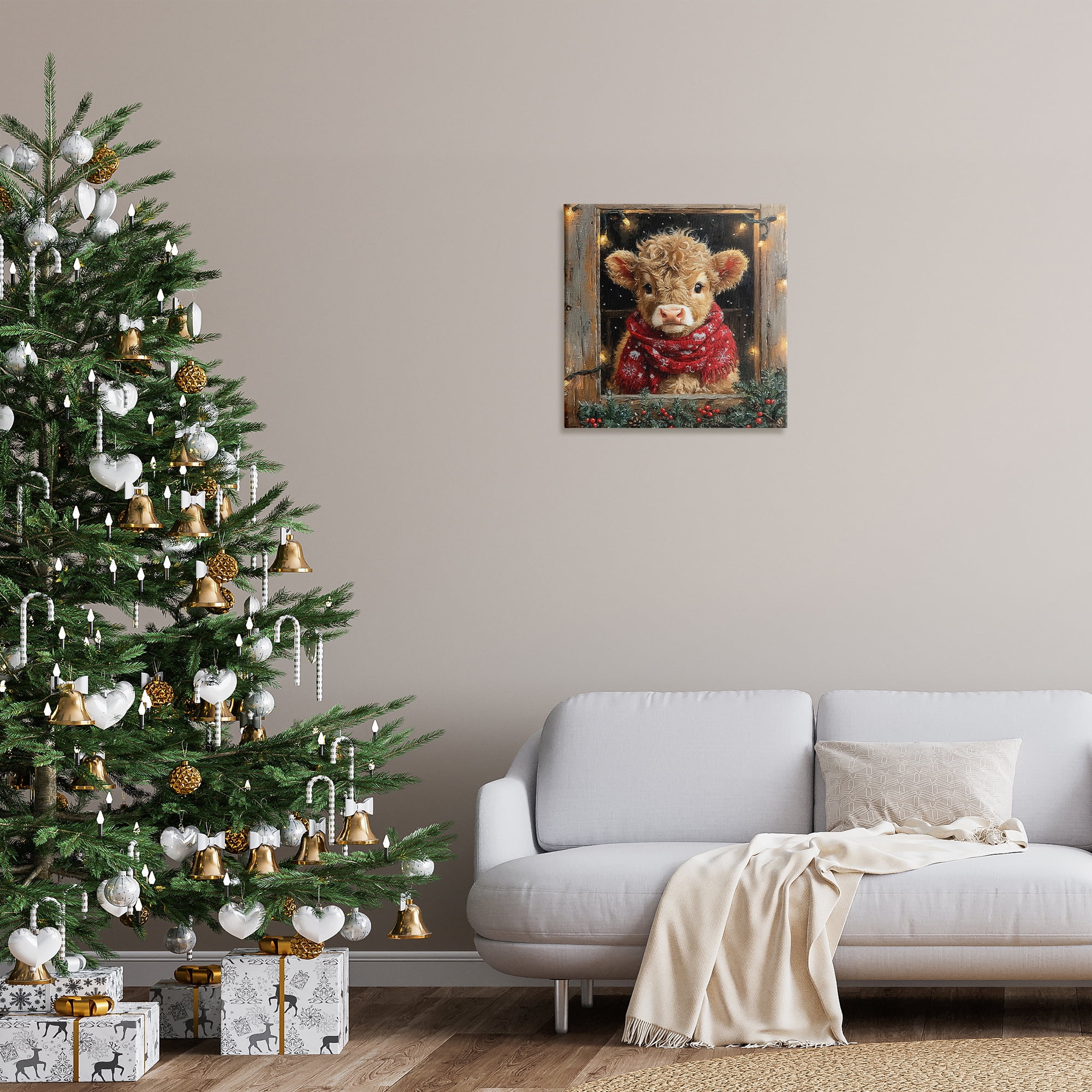 Stupell Industries Calf with Holly & Lights Garland Animals Painting Wrapped Canvas Canvas Art Print Wall Art, 24 x 24
