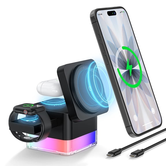 Wireless Charger, Cshidworld 3 in 1 Cube iPhone Wireless Charger Stand, 15W Fast Charging Station, Foldable Wireless Charging Dock for iPhone 16/15/14/13/12, iWatch S2-10/Ultra, AirPods 2/3/4/Pro