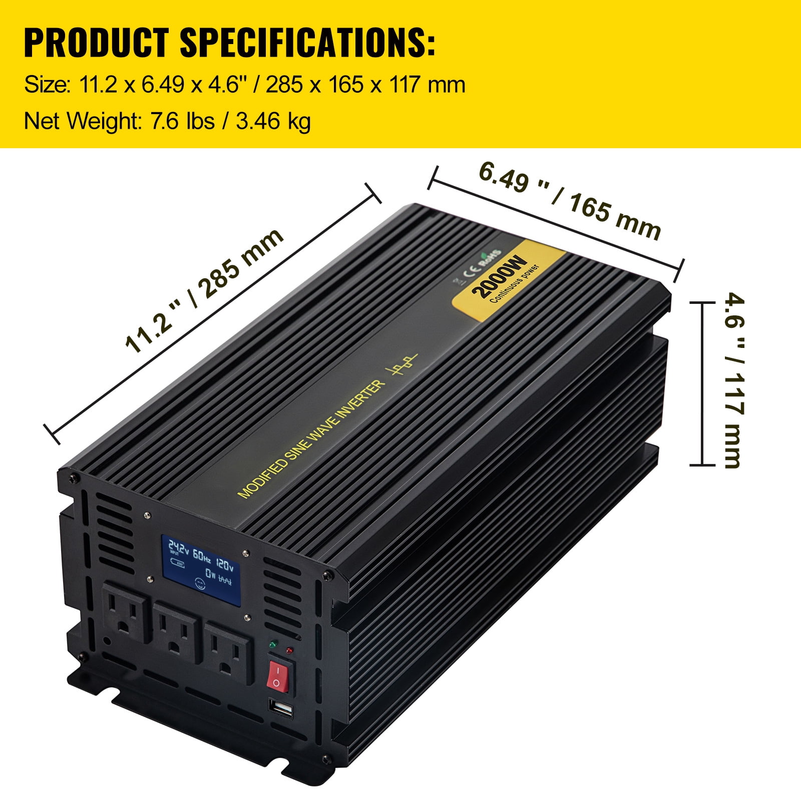 KFFKFF Energy Converter, 2000W Altered Sinusoidal Wave Converter, DC 12V to AC 120V Vehicle Transformer, featuring LCD Screen, Remote Control, LED Signal, AC Sockets Converter