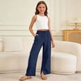 thumbnail image 2 of CUZIBR Girls Wide Leg Pants Elastic Drawstring Front Patch Pockets Split Hem Solid Color Loose Straight Leg Trousers Lightweight Outdoor Play Beach Vacation Bottoms For Kids,Navy,4-5 Years, 2 of 7