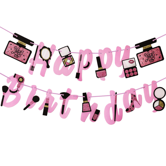 Happy Birthday Banner, Pink and Black Makeup Theme, Glitter Party Decoration for Girls