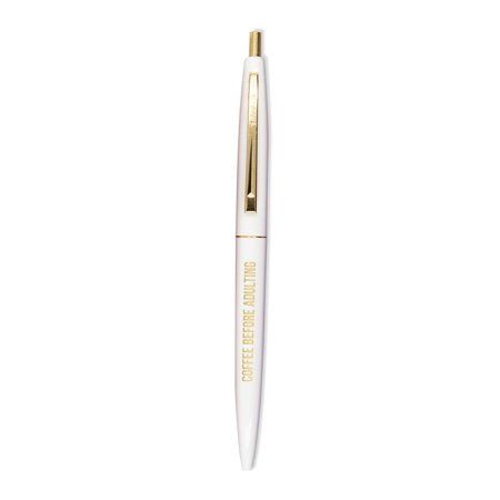 Get Bullish Coffee Before Adulting White Refillable Black Ink Ballpoint Click Clic Pen with Gold Accents