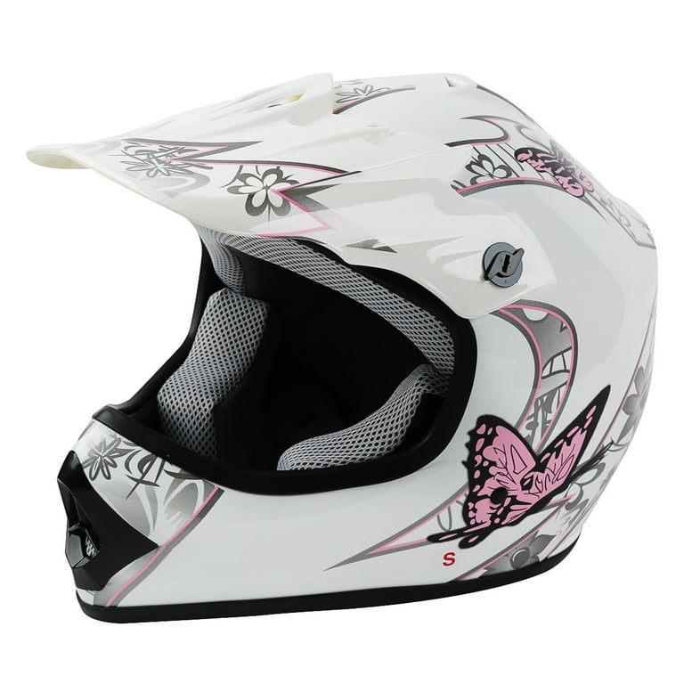 TCMT DOT Youth Kids Motorcycle Helmet Pink Butterfly White with Goggles Gloves for Atv Mx Motocross Offroad Street Dirt Bike M Size