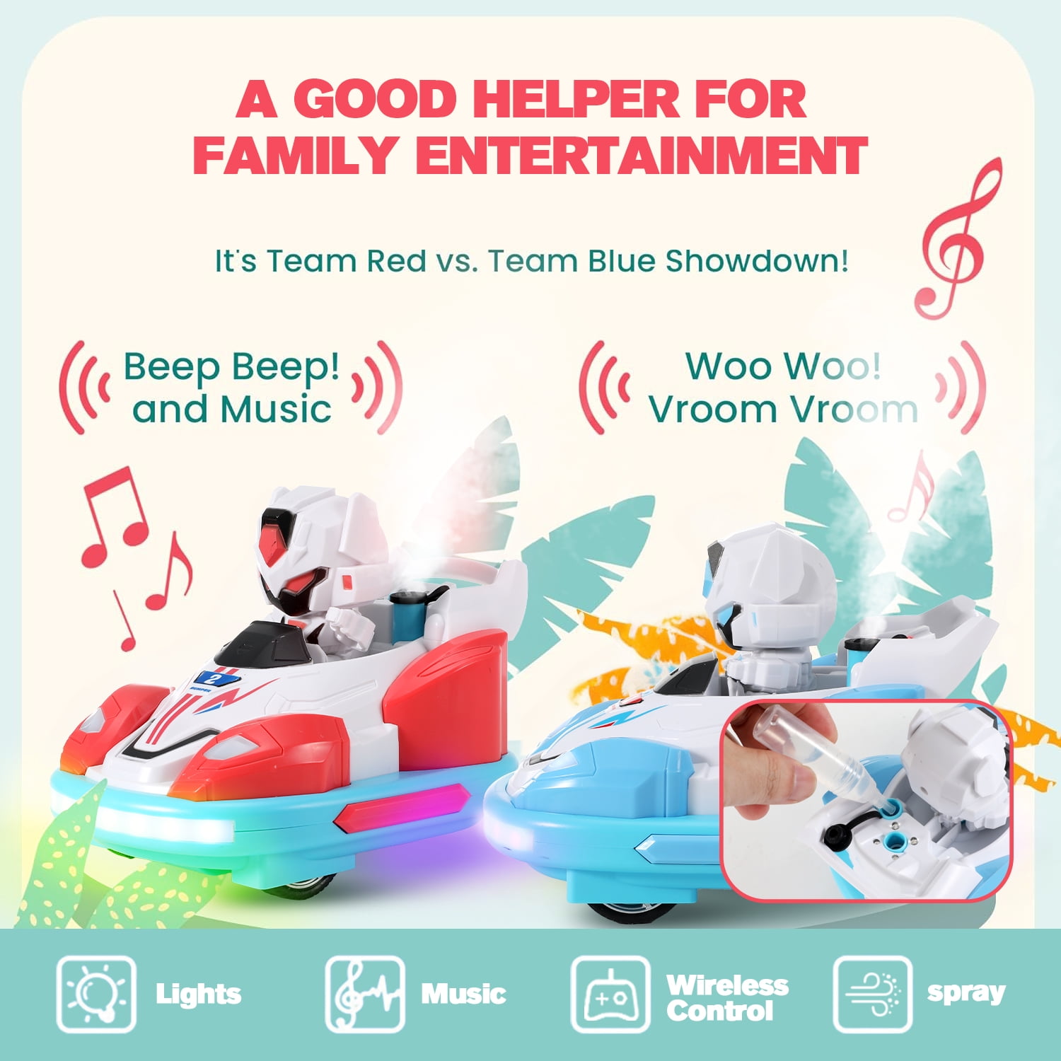 Anpro Remote Control Car for Toddlers, Kids RC Ejecting Bumper Car with Music LED Lights Spray, RC Cartoon Car Speed Bumper Cars Toys Set of 2 Players for Boy Girls 3-10 Years Old