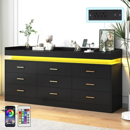 ANPOO 9 Drawer Dresser with LED Lights and Charging Station, Modern Double Wide Chest of Drawers with Power Outlet for Bedroom, Living Room