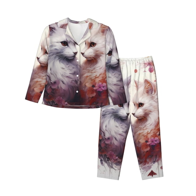 Fotbe White Red Cat Couple Conjunto de Pijama de Manga Larga para Mujer con Estampado, Ropa de Dormir de 2 Piezas, Conjunto de Casa Suave y Cómodo con Bolsillos-XX-Large
