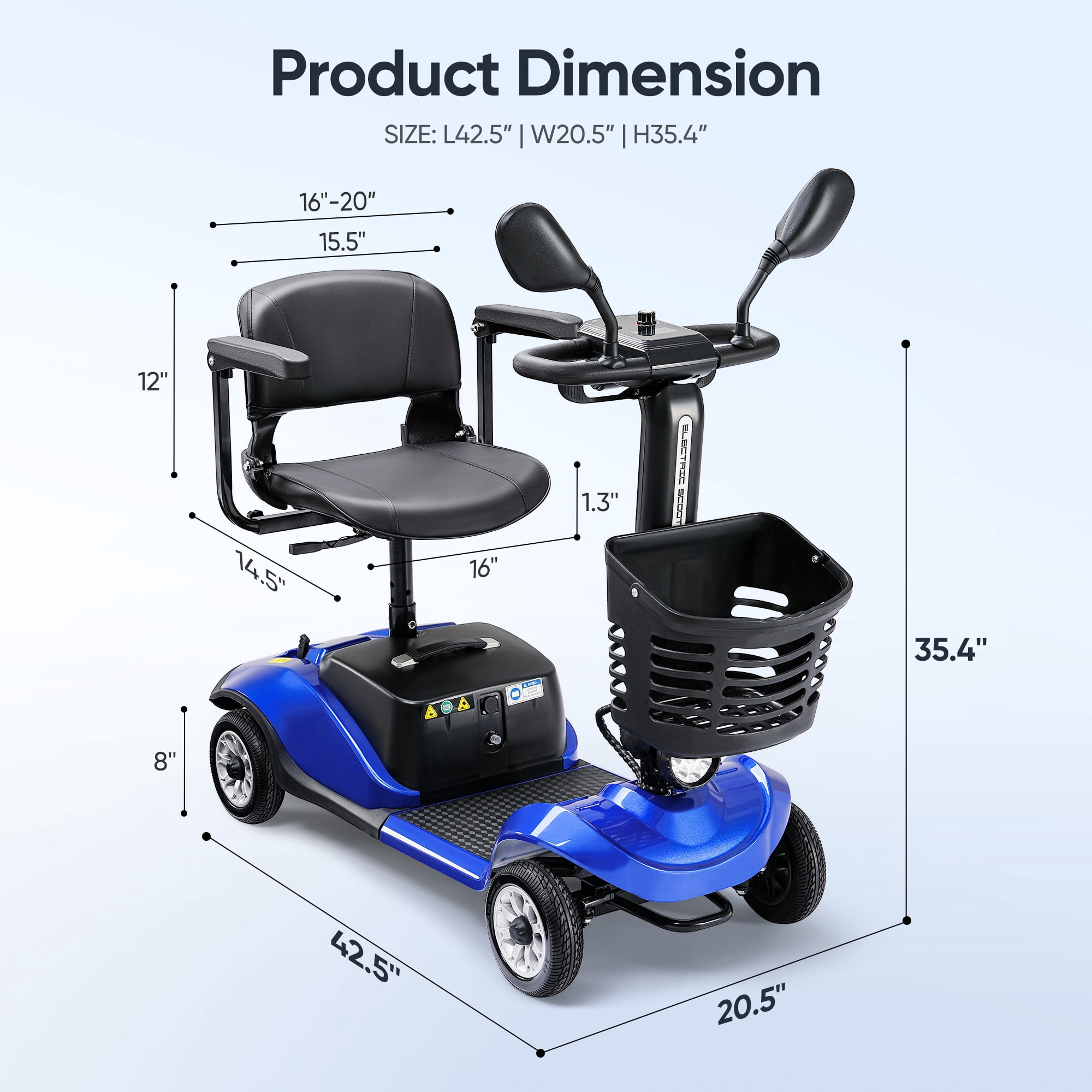 Morrean 4 Wheels Folding Travel Mobility Scooter for Senior, Electirc Wheelchair with Basket for Adults, Blue