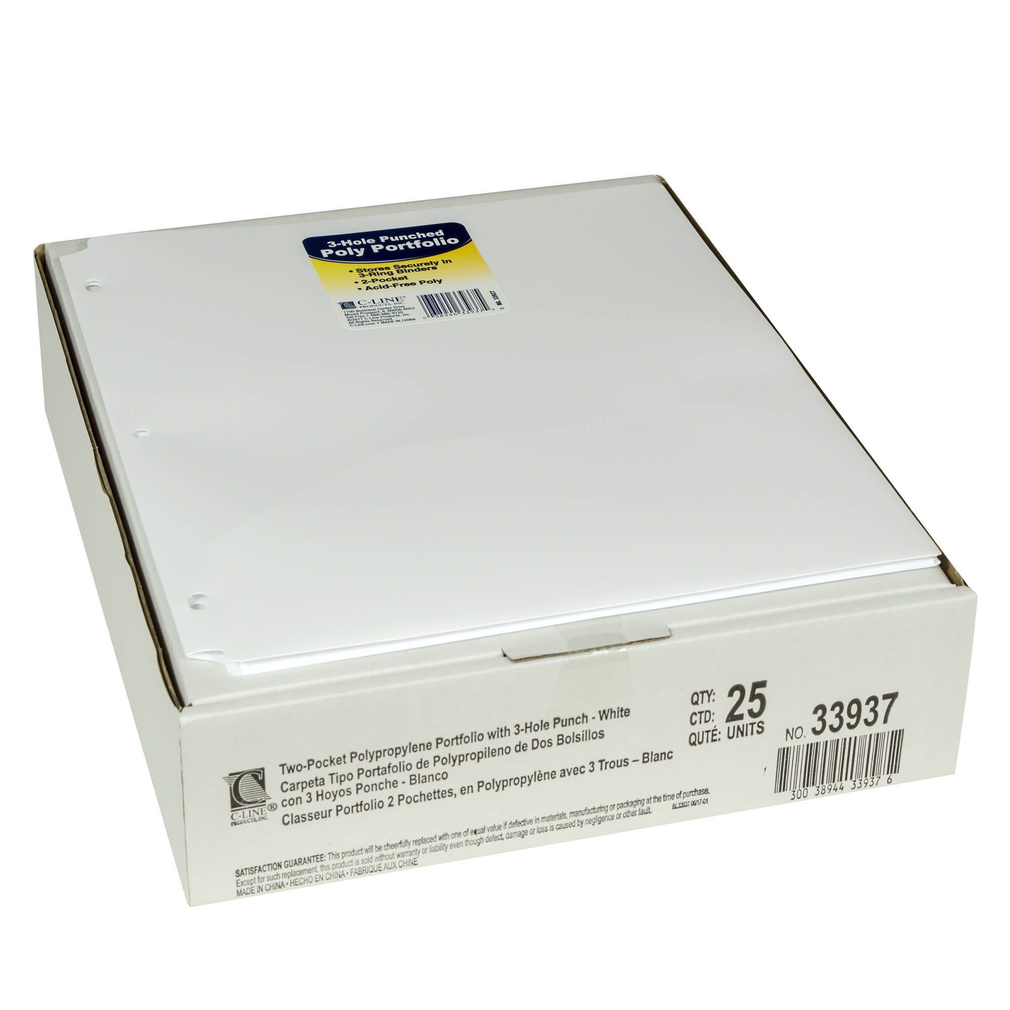 C-Line Two-Pocket Heavyweight Poly Portfolio Folder with Three-Hole Punch, White, Pack of 25