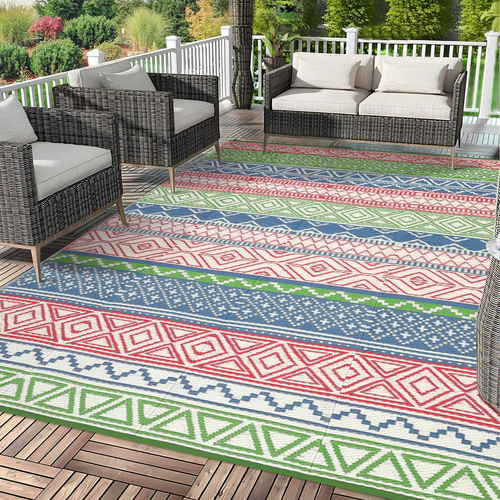 Reversible Outdoor Rugs 5x8 for Patios Clearance, Waterproof Mats for Porch, Deck, Plastic Straw Area Rugs for Backyard, Balcony,Red/Green/Blue