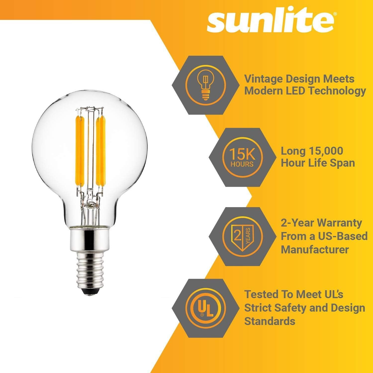 Sunlite LED G16.5 G16 1/2 Filament Style Globe Light Bulb, 5 Watts (60W Equivalent), Candelabra E12 Base, Dimmable, Clear, UL Listed, 5000K Super White, 6-Pack