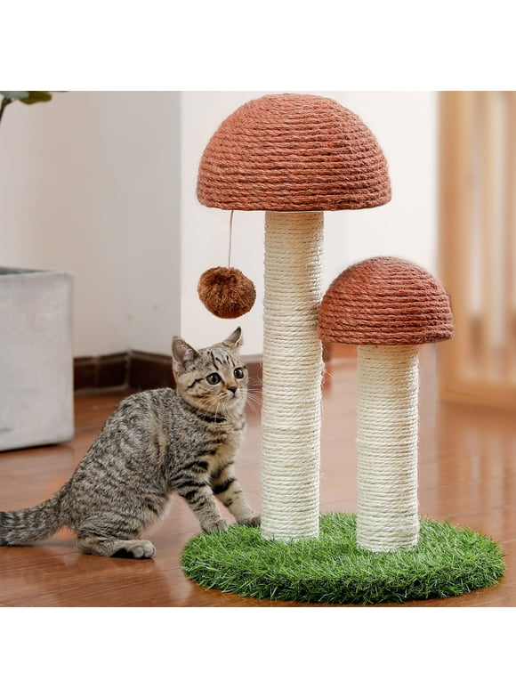 PAWZ Road 2 Mushrooms Cat Scratching Post 19" Sisal Claw Scratcher for Kittens and Small Cats, Brown