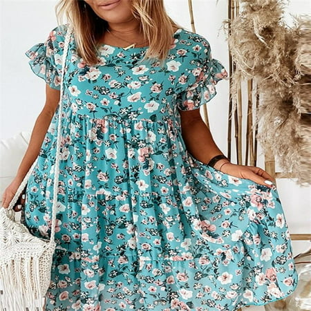 2022 European And American Ebay Aliexpress Wish Spring And Summer Hot-Selling Hot Sale Round Neck Flower Print Short Sleeve Loose Dress