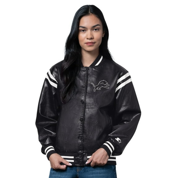 Women's Starter Black Detroit Lions High Heat Vegan Leather Full-Snap Varsity Jacket