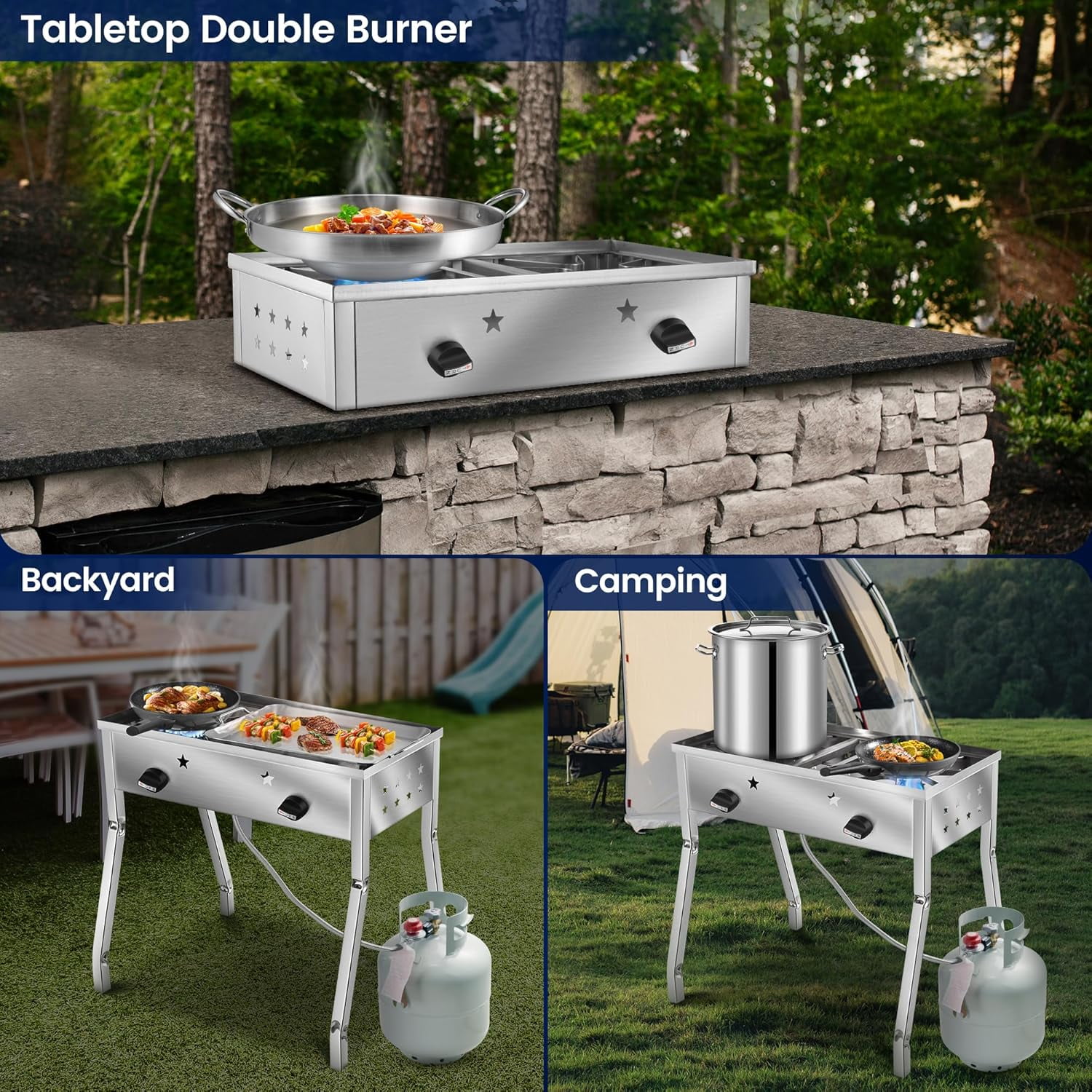 ARC 150,000 BTU Double Burner Stove With 23" Discada Comal Set | Outdoor Camping Cookware for Tacos, Tortillas | Stainless Steel Griddle & Propane Stove Combo