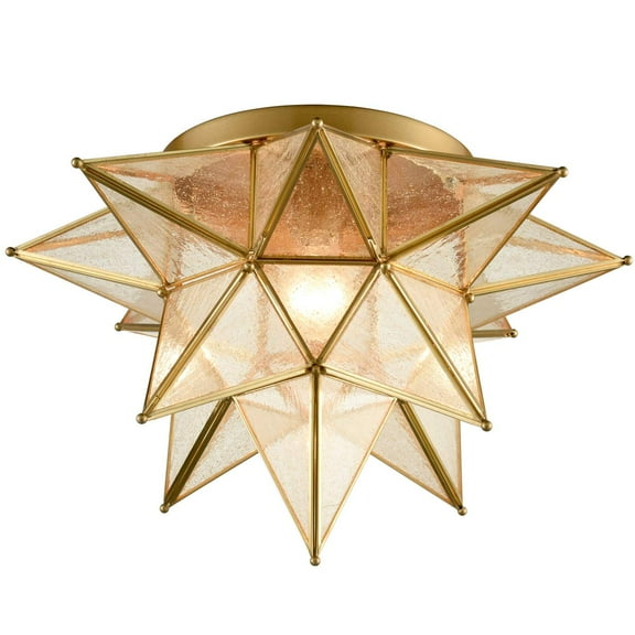 Brass Moravian Star Ceiling Light Seeded Glass 18-Inch