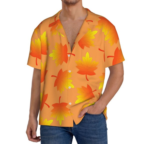 Vsdgher Fall Maple Leaves Men's Cuban Shirt, Hawaiian Shirts, Business Casual Button Down Shirts, Short Sleeve Shirt-Small